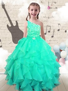 Modest Ball Gown One Shoulder Little Girl Pageant Dress With Beading