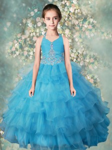 Pretty Halter Top Little Girl Pageant Dress With Beading And Ruffled Layers
