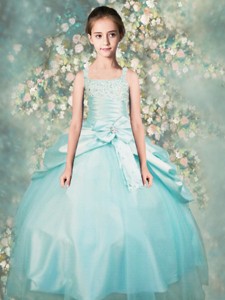 Popular Straps Beaded Little Girl Pageant Dress In Aqua Blue