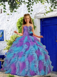 Cheap Beading and Ruffles Purple and Blue Little Girl Pageant Dress with Hand Made Flower 