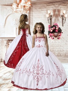 Spaghetti Straps White Satin Little Girl Pageant Dress with Embroidery 