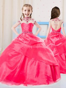 Sweet Ball Gown High Neck Organza Coral Red Little Girl Pageant Dress with Beading 
