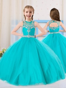 Princess Scoop Aqua Blue Little Girl Pageant Dress With Beading