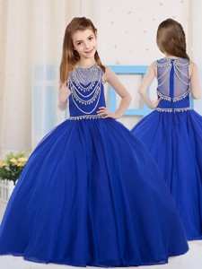 Royal Blue Ball Gowns Scoop Organza Little Girl Pageant Dress with Beading 
