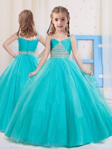 Princess Straps Floor Length Tulle Aqua Blue Little Girl Pageant Dress with Beading 