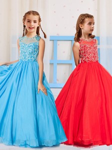 Most Popular Pincess Scoop Beaded Aqua Blue and Red Little Girl Pageant Dress 
