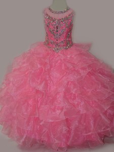 Rose Pink Ball Gown Scoop Beaded Bodice Lace Up Little Girl Pageant Dress 