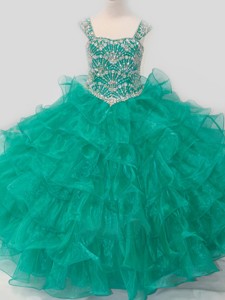 Top Selling Princess Straps Organza Turquoise Lace Up Little Girl Pageant Dress with Beading 