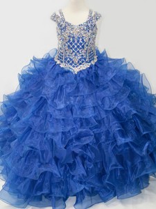 Puffy Skirt V-neck Beaded and Ruffled Layers Little Girl Pageant Dress with Straps 