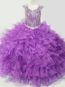 Puffy Skirt V-neck Lace Up Little Girl Pageant Dress with Straps and Ruffled Layers