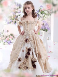 Champagne Spaghetti Straps Flower Girl Dress with Hand Made Flowers and Ruffles 