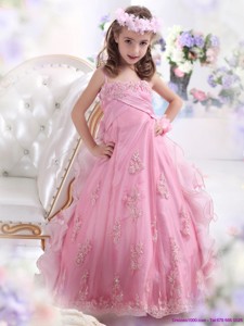 Unique Rose Pink Spaghetti Straps Flower Girl Dress With Appliques