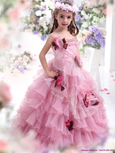 Baby Pink Flowers Girl Dress With Hand Made Flowers And Ruffles