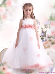 White Little Girl Pageant Dress With Pink Waistband And Hand Made Flower