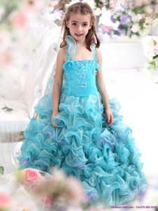Straps Appliques And Ruffled Layers Pageant Dress For Kids In Aque Blue