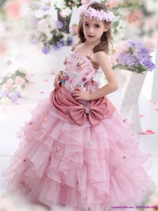 Rose Pink Flower Girl Dress with Hand Made Flowers and Ruffled Layers 