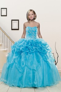 Popular Aqua Blue Little Girl Pageant Dress With Appliques And Pick Ups