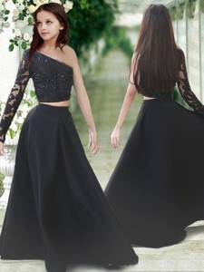 Fashionable One Shoulder Long Sleeves Flower Girl Dress in Black 