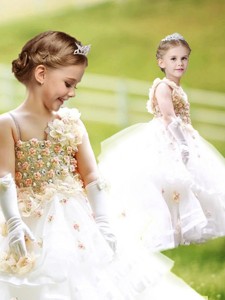 Gorgeous Asymmetrical Neckline Flower Girl Dress with Hand Made Flowers and Ruffled Layers 