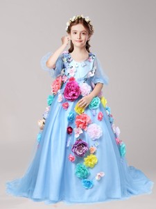 Classical V Neck Half Sleeves Little Girl Pageant Dress with Hand Made Flowers 