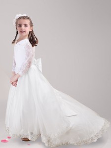 Popular Long Sleeves Bowknot and Laced Flower Girl Dress with Brush Train 