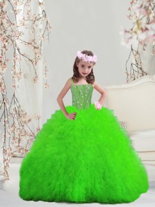 Suitable Spring Green Spaghetti Little Girl Pageant Dress With Beading And Ruffles