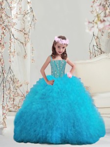 Perfect Beaded And Ruffles Spaghetti Little Girl Pageant Dress In Turquoise