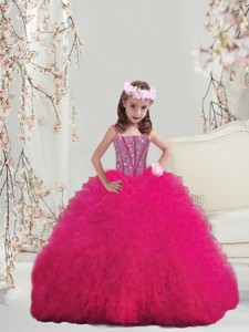 Lovely Spaghetti Hot Pink Little Girl Pageant Dress With Beading And Ruffles