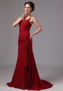 Wine Red Spaghetti Straps Mother Of The Bride Dress With Appliques and Beading Brush Train For Custo