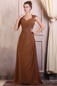 V-neck Column Chiffon Appliques With Beading Mother Of The Bride Dress In Brown
