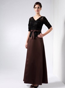 Brown Column V-neck Ankle-length Taffeta and Lace Beading Mother Of The Bride Dress