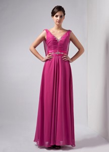 Hot Pink Column V-neck Ankle-length Chiffon Beading Mother Of The Bride Dress