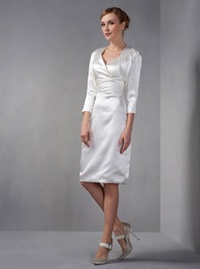 White Column V-neck Knee-length Taffeta Ruch And Mother Of The Bride Dress