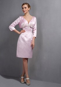 Baby Pink Column V-neck Knee-length Taffeta Ruch and Appliques Mother Of The Bride Dress