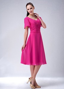 Hot Pink Princess V-neck Tea-length Chiffon Bridesmaid Dress