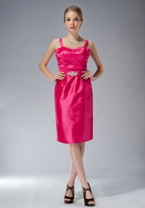 Coral Red Column Straps Knee-length Taffeta Beading Prom / Homecoming Dress