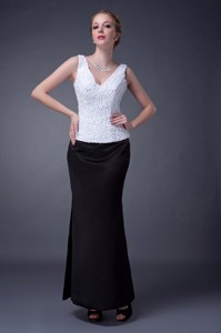Black and White Column V-neck Ankle-length Lace and Satin Mother Of The Bride Dress