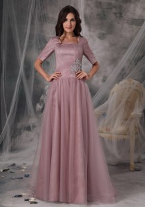 zai Simple Column / Sheath Square Brush / Sweep Tulle Beading Mother of the Bride Dress