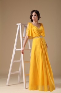 Custom Made Yellow Empire Evening Dress V-neck Chiffon Beading Floor-length