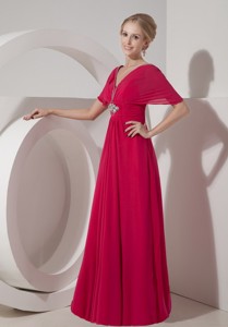 Coral Red Column V-neck Floor-length Chiffon Beading Mother Of The Bride Dress