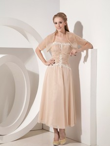 Champagne Column Strapless Tea-length Chiffon Appliques Mother Of The Bride Dress