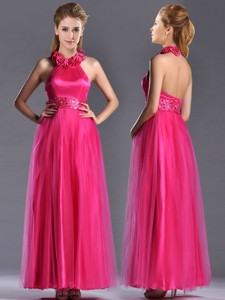 Exclusive Hot Pink Mother Of The Bride Dress With Handcrafted Flowers Decorated Halter Top