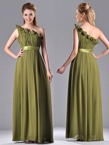 Empire One Shoulder Ruched And Belt Mother Of The Bride Dress In Olive Green