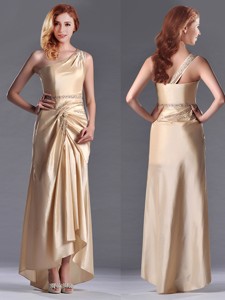 Champagne Ankle-length Beaded Side Zipper Mother Of The Bride Dress With One Shoulde
