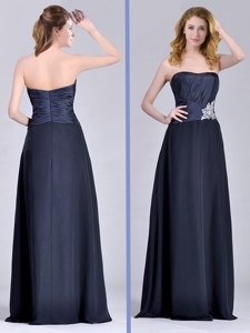 Exquisite Empire Satin Beaded Long Mother Of The Bride Dress In Navy Blue