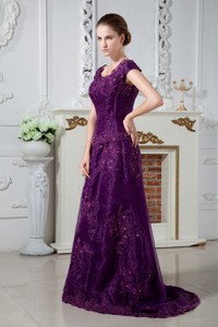 Purple Scoop Brush Train Satin Appliques And Beading Mother Of The Bride Dress