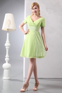 Yellow Green Empire V-neck Mini-length Chiffon And Sequin Mother Of The Bride Dress