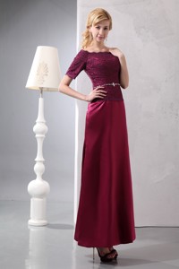 Burgundy Column Off The Shoulder Ankle-length Taffeta And Lace Beading Mother Of The Bride Dress
