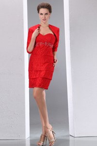 Red Column Sweetheart Mini-length Taffeta Beading Homecoming Dress