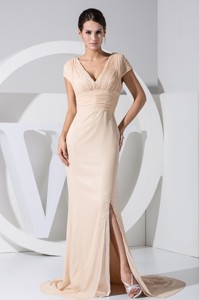 V-neck Cap Sleeves Slit Champagne Mothers Dress with Keyhole on the Back